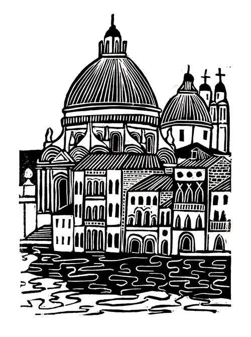 Linocut by Burin and Plate showing a Venetian church beside the Grand Canal