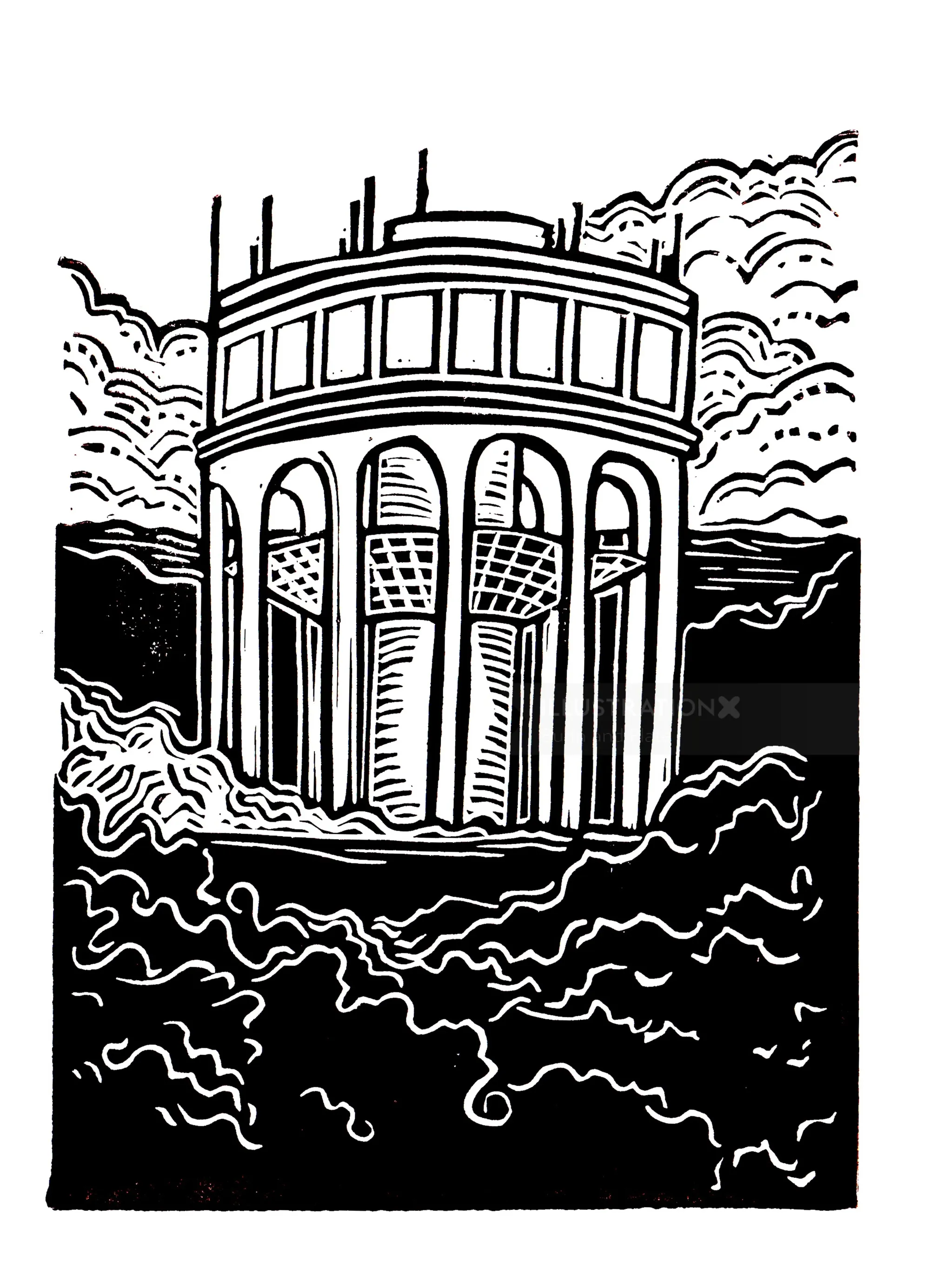 Linocut water tower print by Burin and Plate