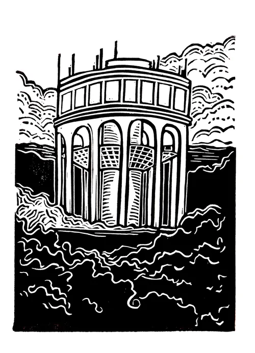 Linocut water tower print by Burin and Plate