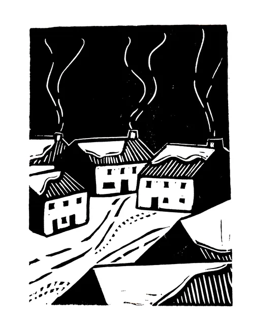 Linocut winter village landscape by Burin and Plate