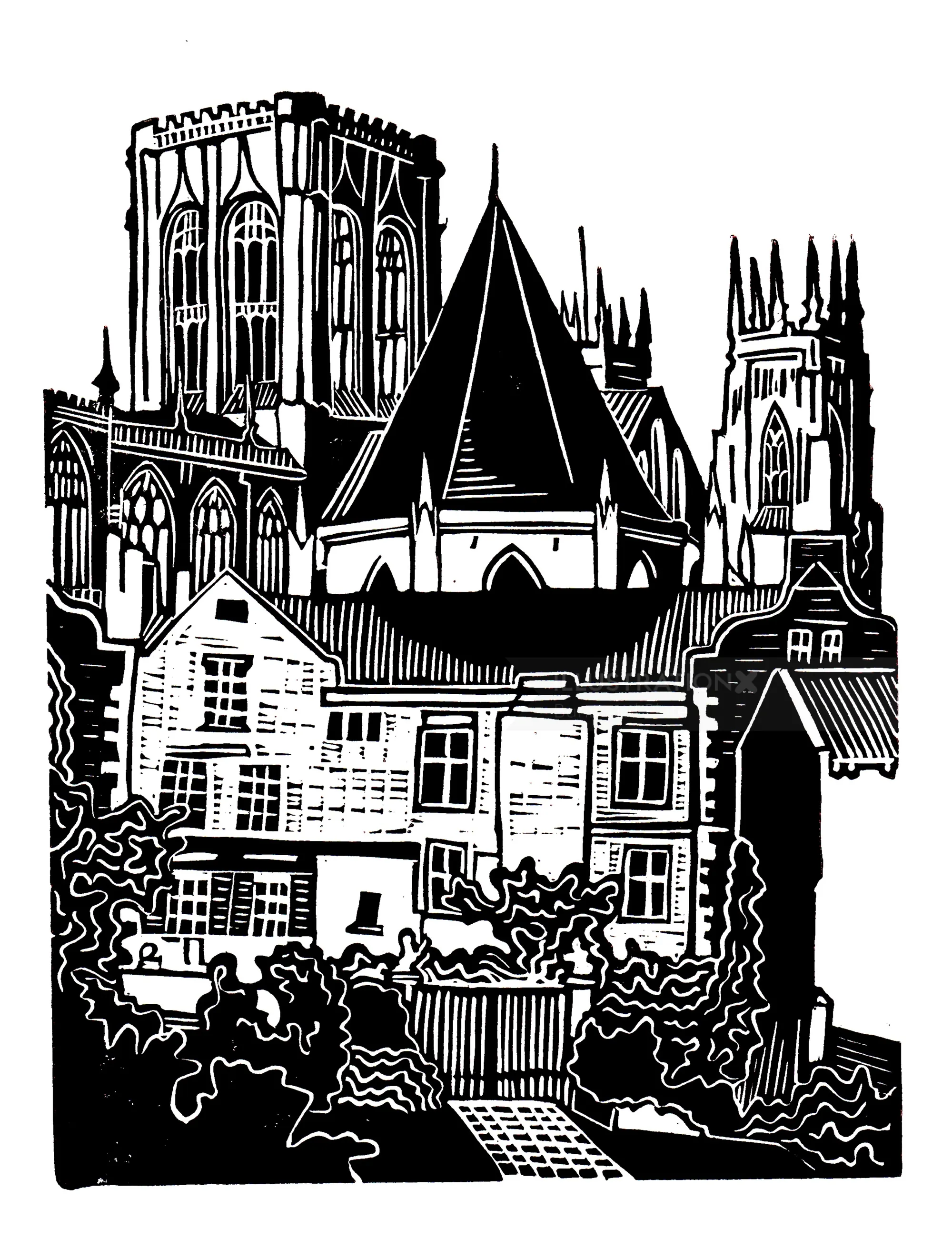 Burin and Plate linocut print depicting York Minster and surrounding buildings