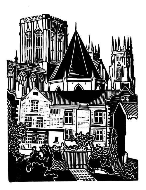 Burin and Plate linocut print depicting York Minster and surrounding buildings