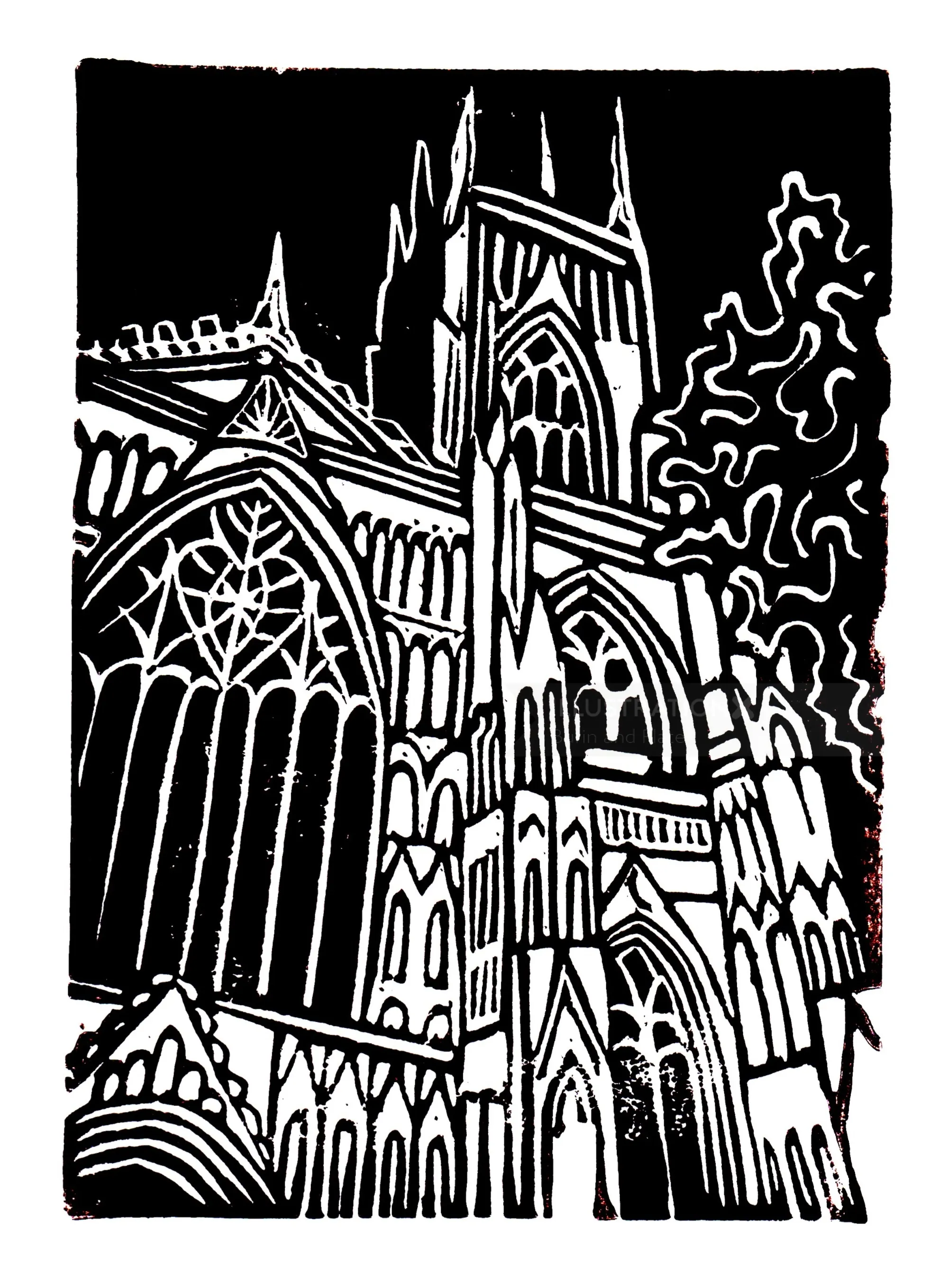 Burin and Plate linocut depicting York Minster in black and white