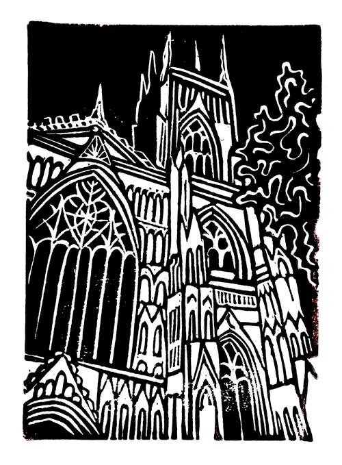 Burin and Plate linocut depicting York Minster in black and white