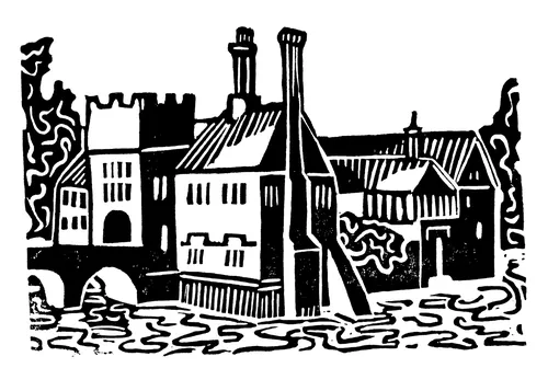 Linocut print of Baddesley Clinton by Burin and Plate