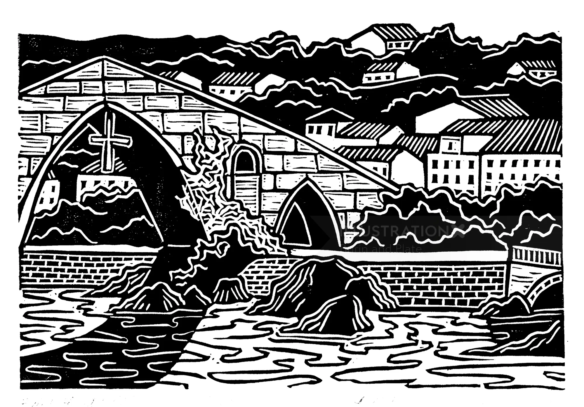 Linogravure de Cangas de Onís, Espagne, par Burin et Plate