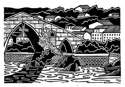 Linocut of Cangas de Onís, Spain, by Burin and Plate