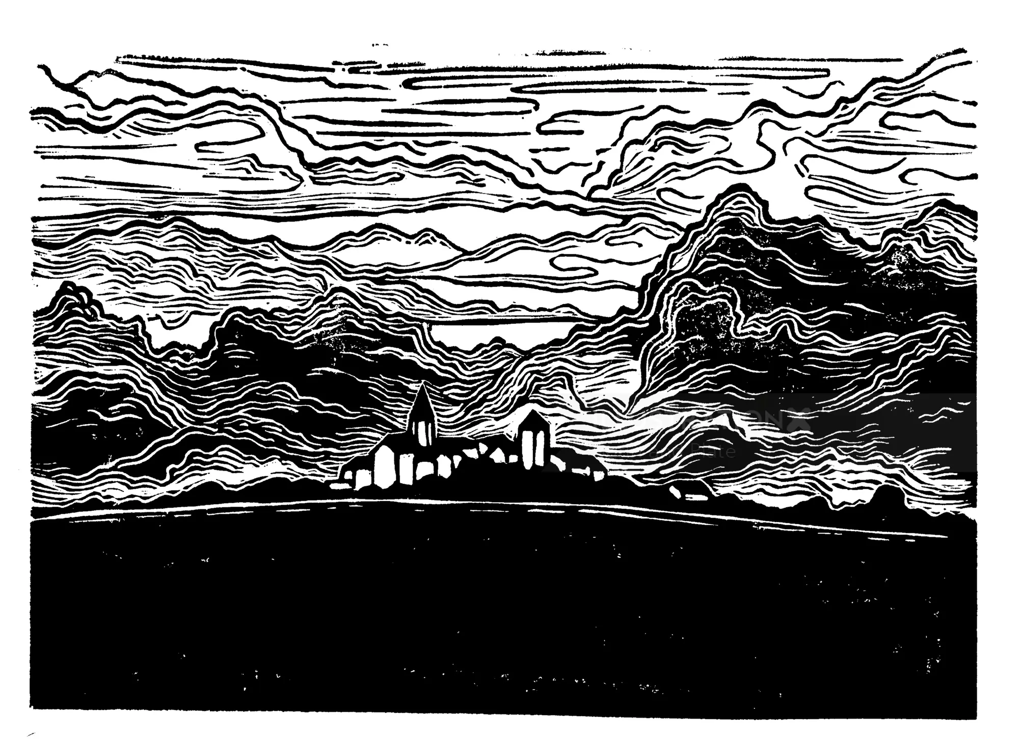 Linocut landscape with layered clouds and distant buildings by Burin and Plate