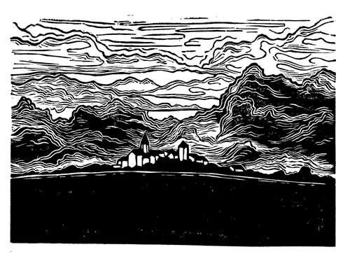 Linocut landscape with layered clouds and distant buildings by Burin and Plate