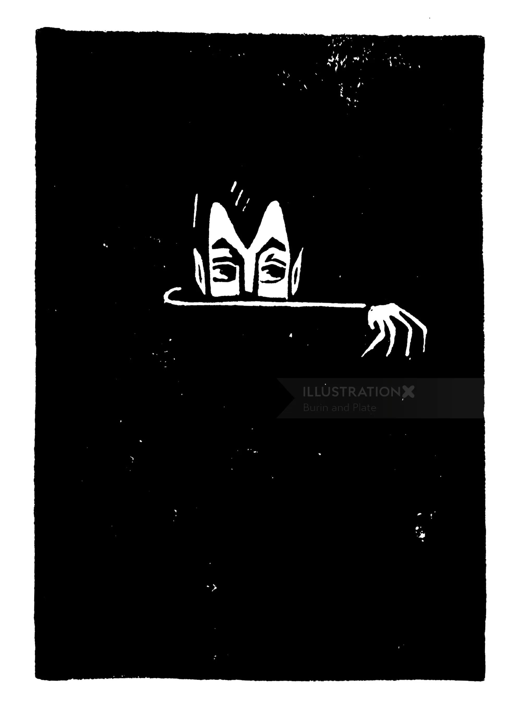 Dracula emerging from darkness in a linocut by Burin and Plate