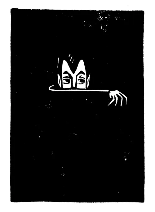 Dracula emerging from darkness in a linocut by Burin and Plate
