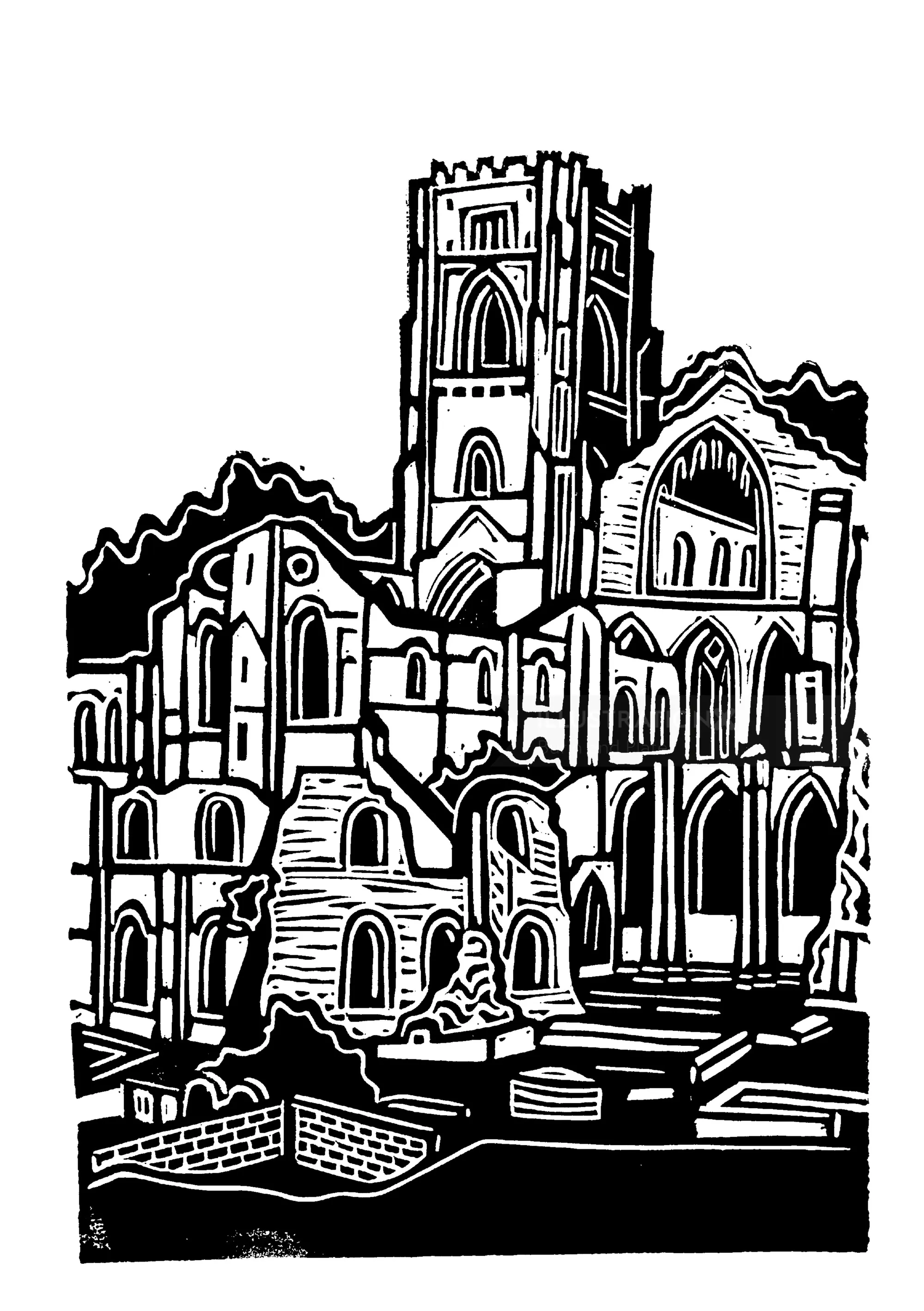 Linocut of Fountains Abbey by Burin and Plate