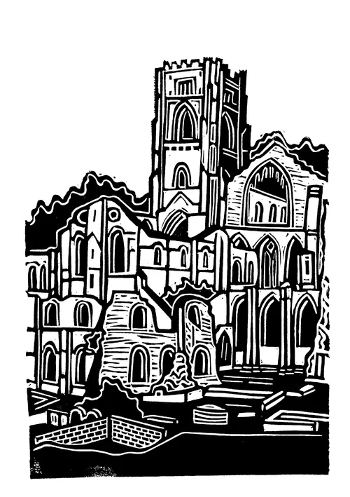 Linocut of Fountains Abbey by Burin and Plate
