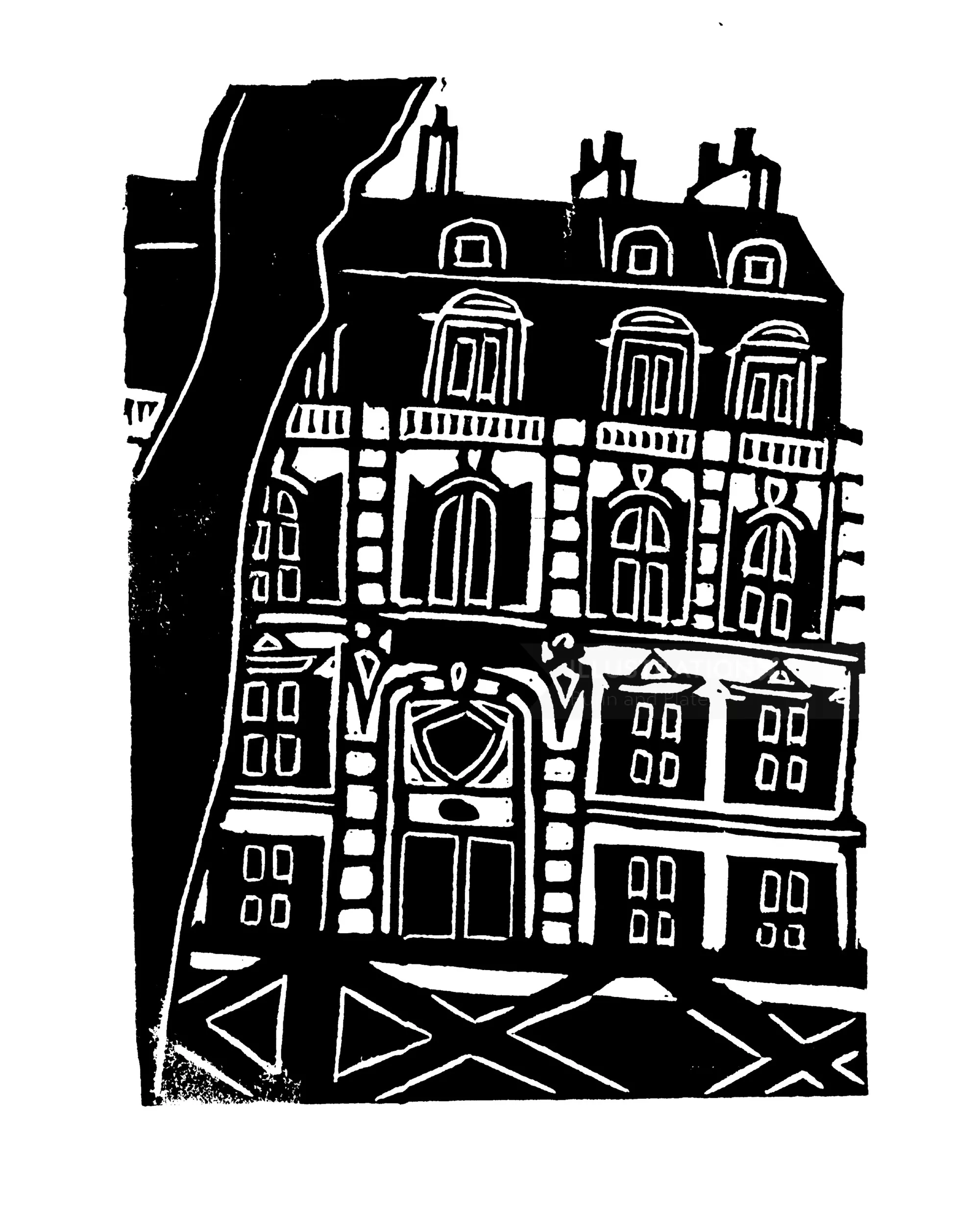 Burin and Plate linocut of a narrow Parisian townhouse