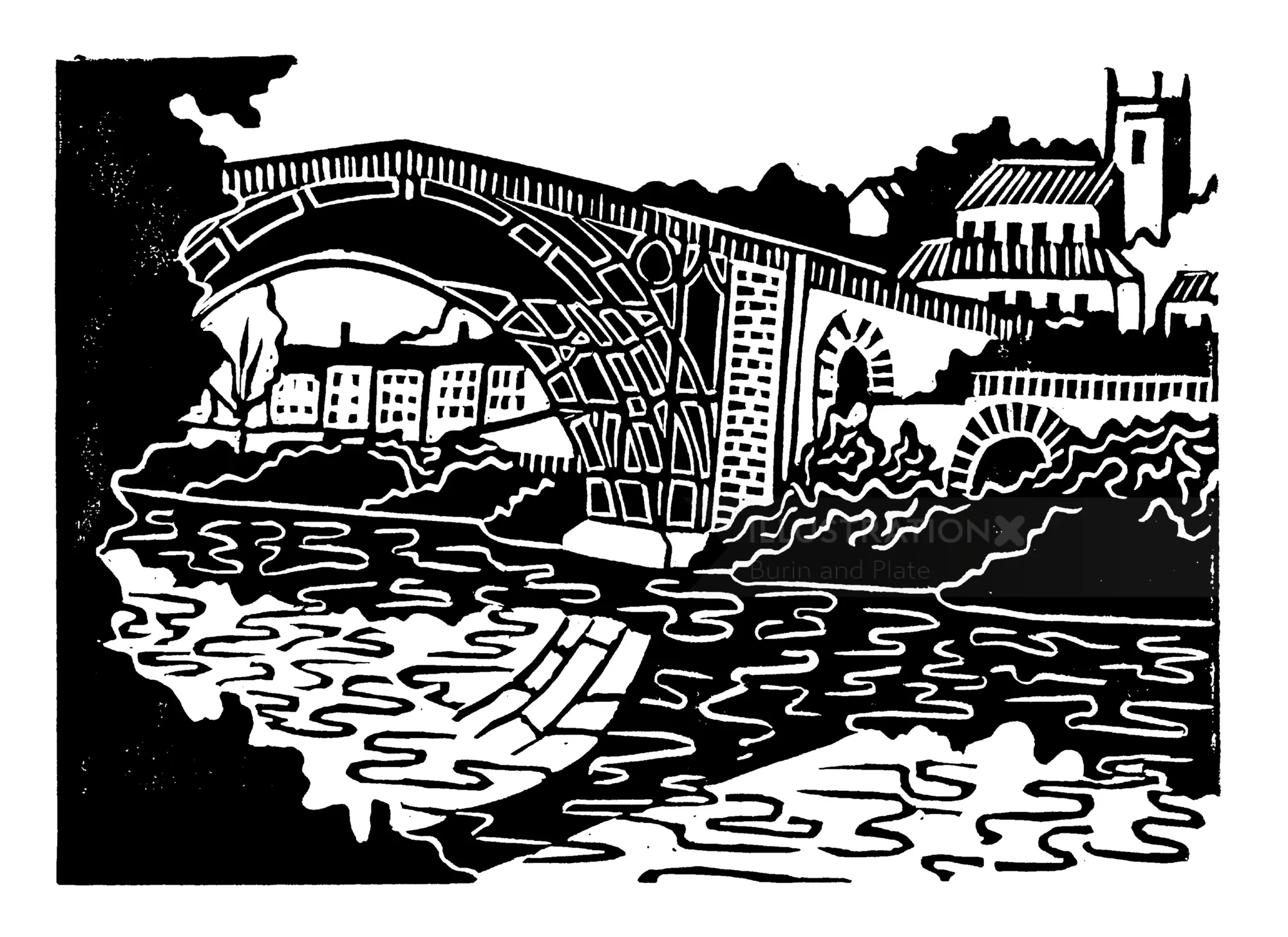 Linocut print of Ironbridge over a river by Burin and Plate