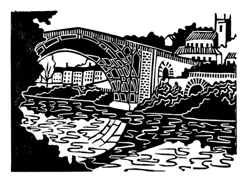 Linocut print of Ironbridge over a river by Burin and Plate