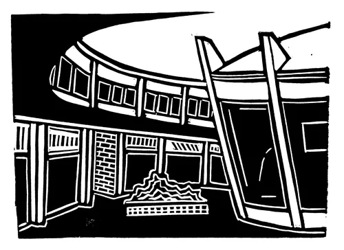 Black-and-white linocut of brutalist architecture in Kingswinford by Burin and Plate