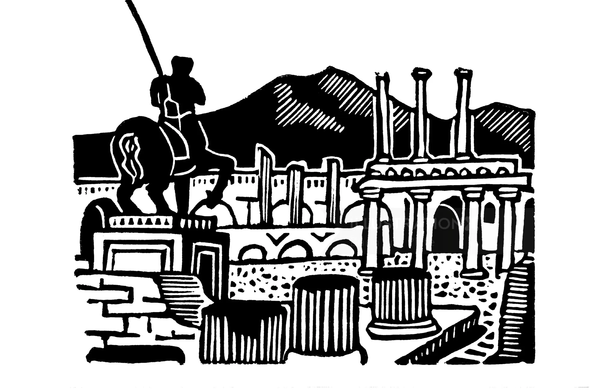 Linocut by Burin and Plate showing Pompeii ruins and columns