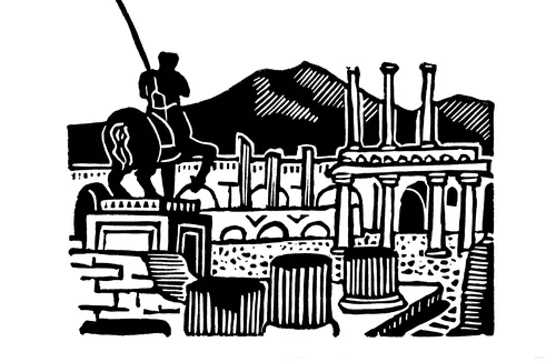 Linocut by Burin and Plate showing Pompeii ruins and columns