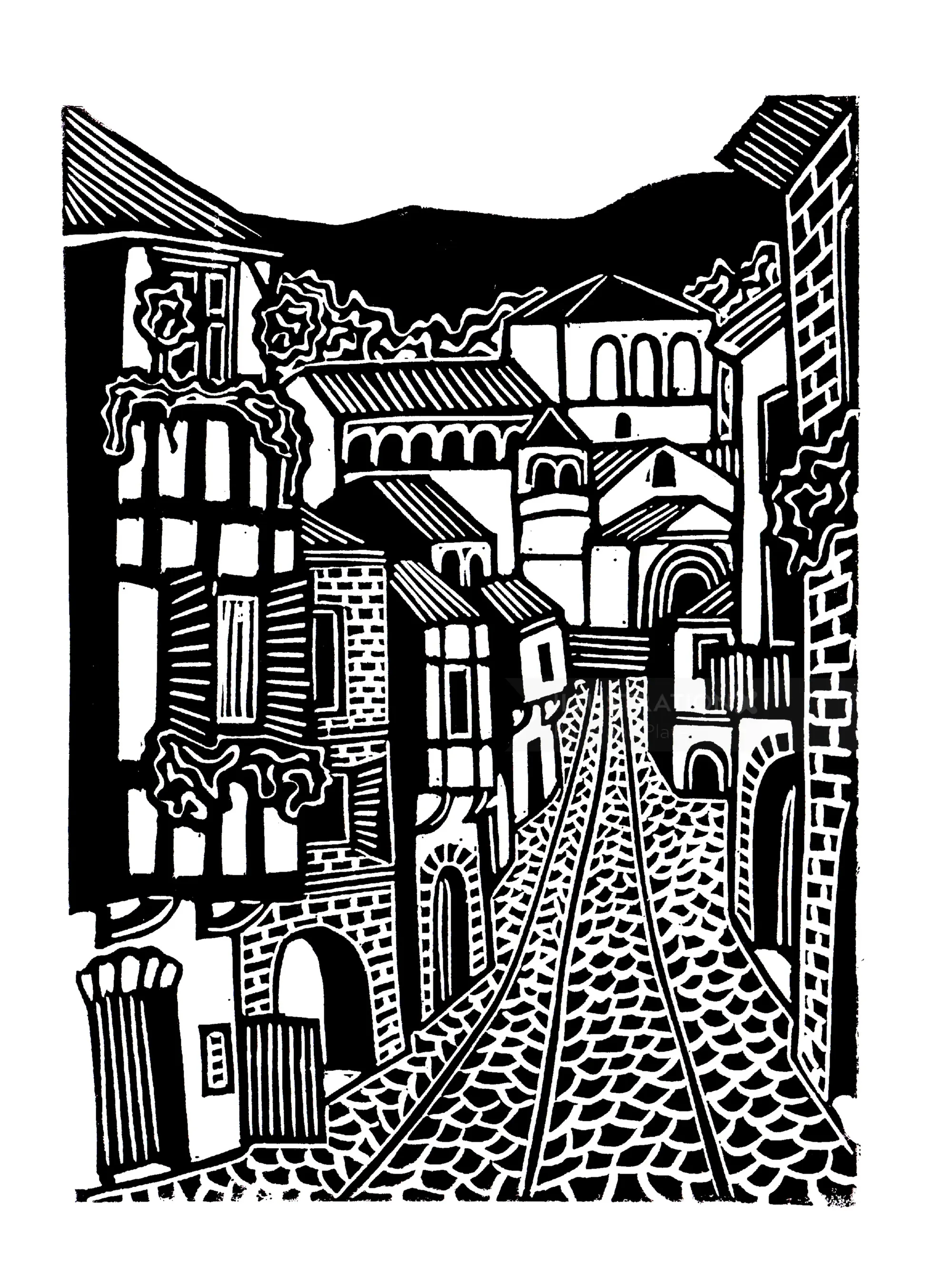 Burin and Plate linocut depicting a street in Santillana del Mar