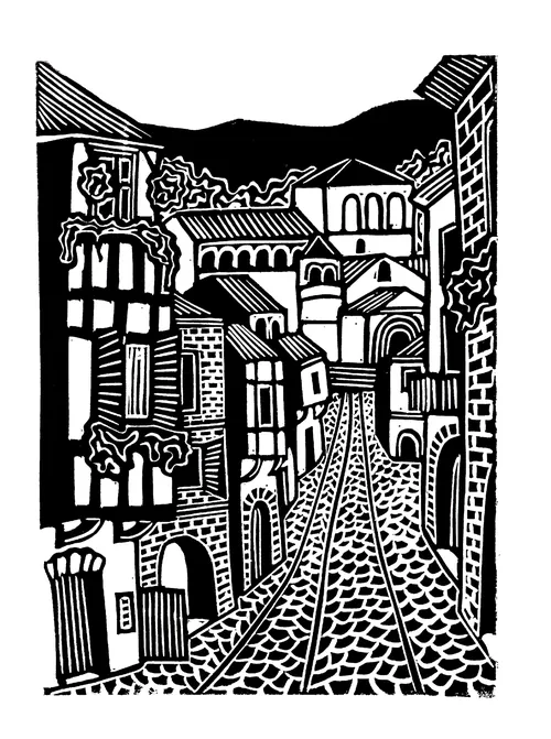 Burin and Plate linocut depicting a street in Santillana del Mar
