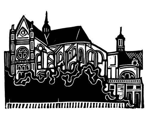 Burin and Plate linocut depicting a Parisian church