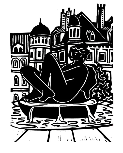 Linocut fountain before Birmingham buildings by Burin and Plate