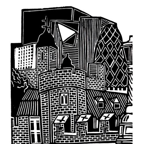 Linocut print of the Tower of London by Burin and Plate
