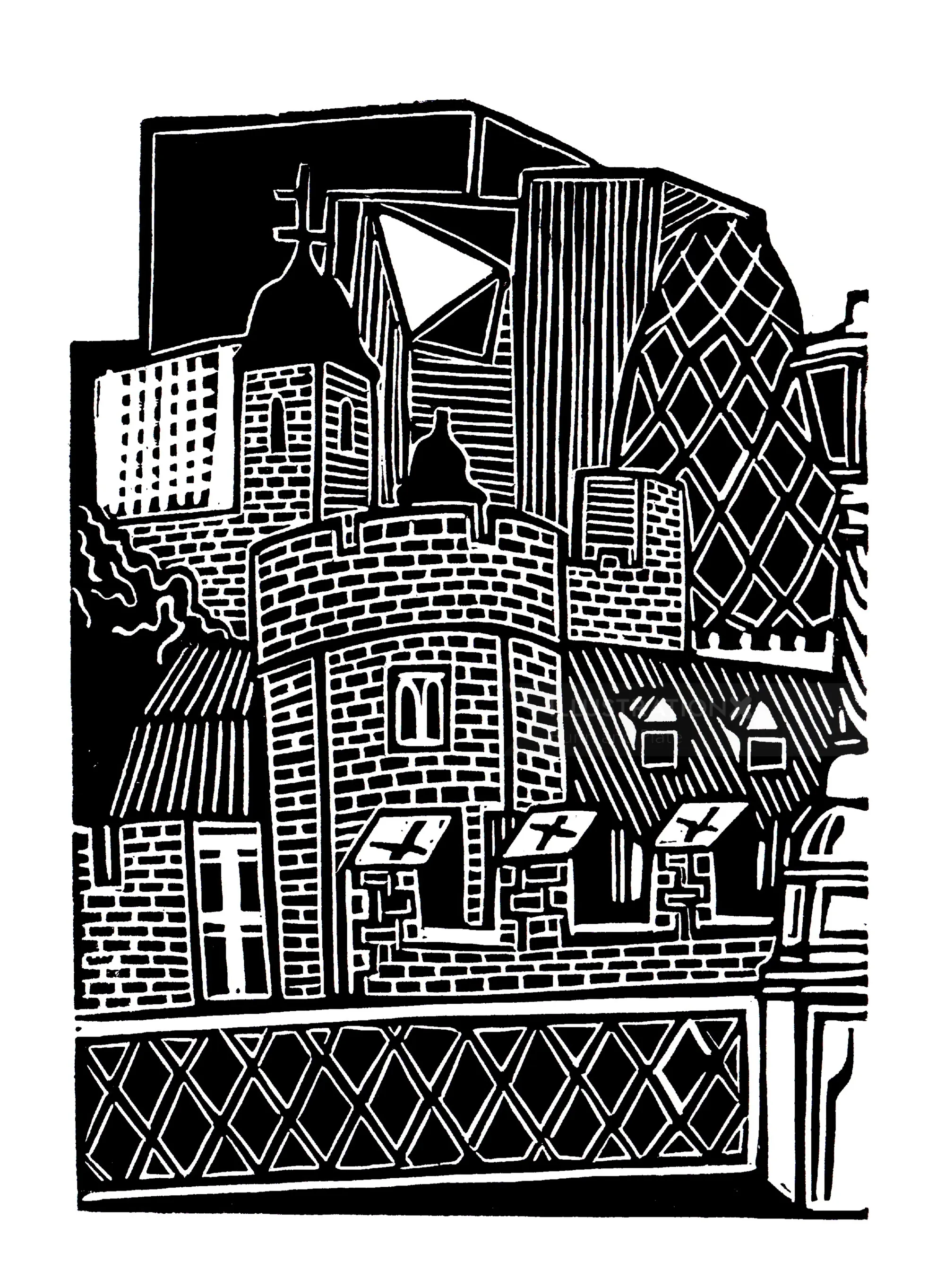 Linocut print of the Tower of London by Burin and Plate