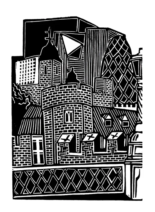 Linocut print of the Tower of London by Burin and Plate