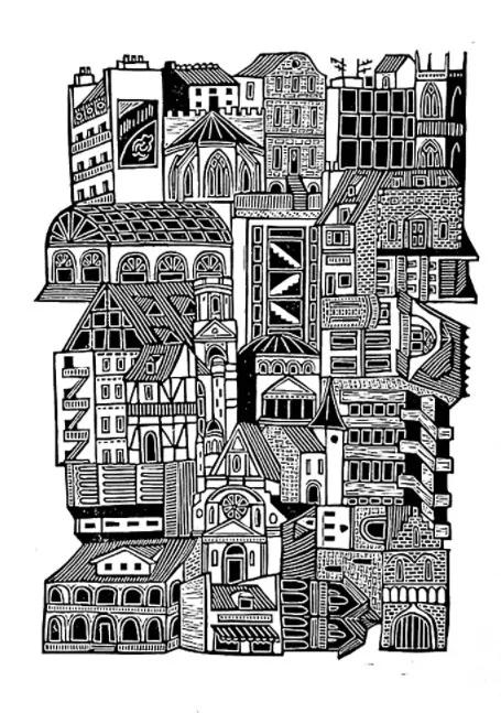 Burin and Plate linocut depicting a dense collage of 28 buildings