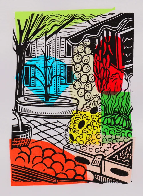 Colorful market linocut by Burin and Plate