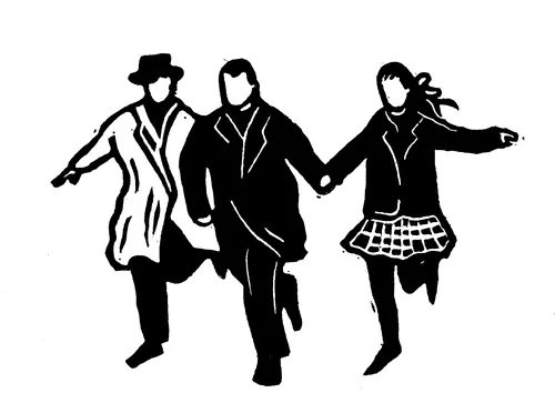 Burin and Plate linocut showing three people dancing from Bande à part
