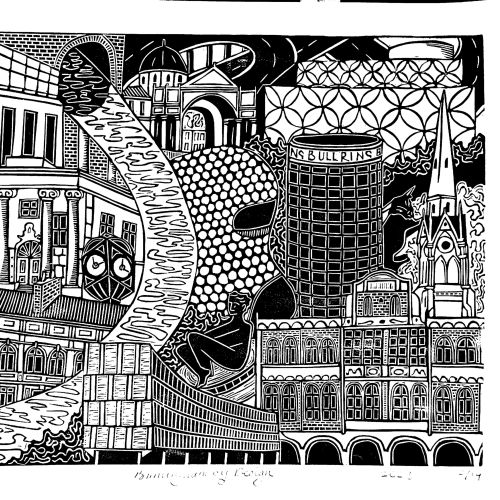 Linocut of Birmingham landmarks by Burin and Plate