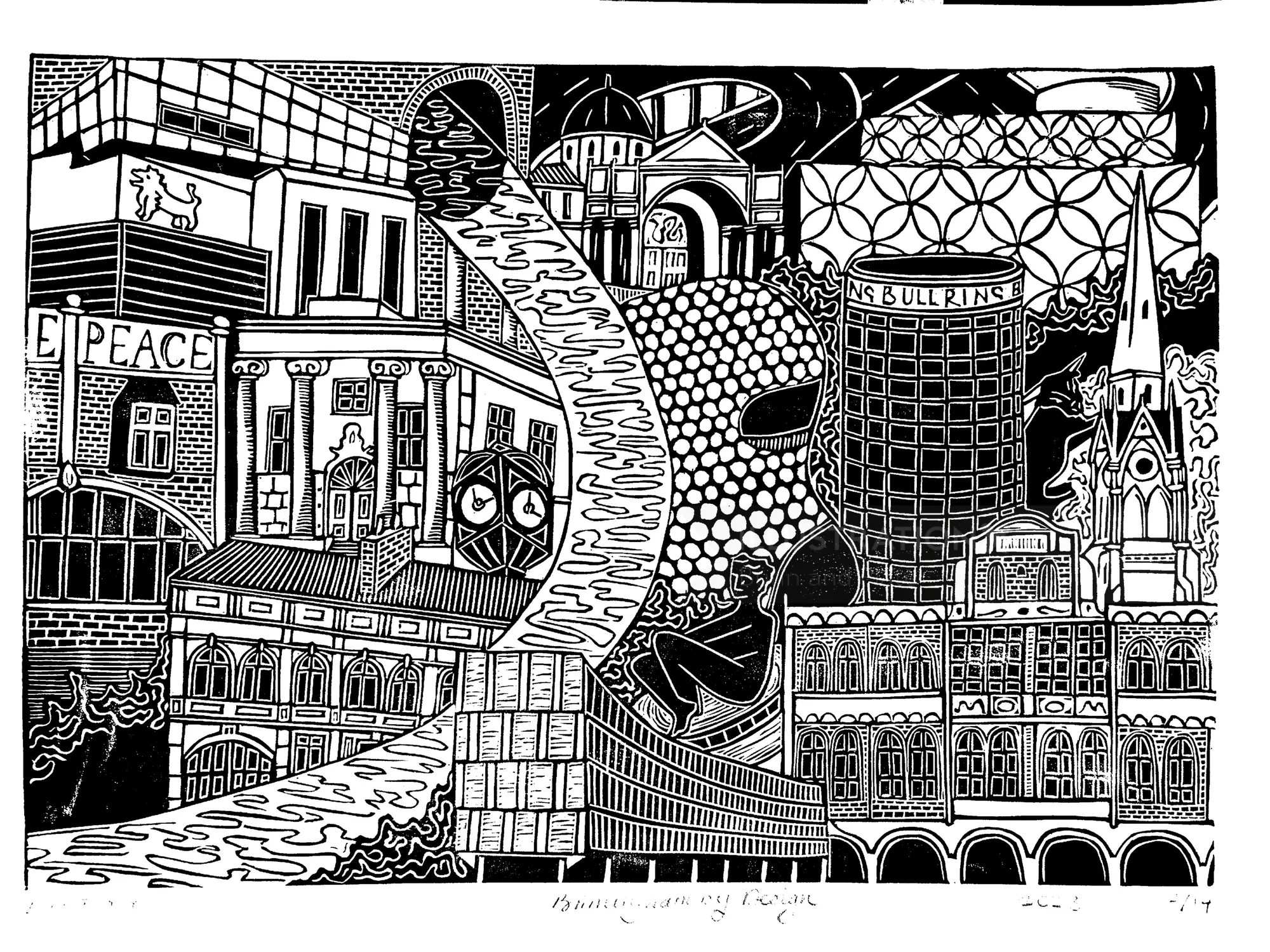 Linocut of Birmingham landmarks by Burin and Plate
