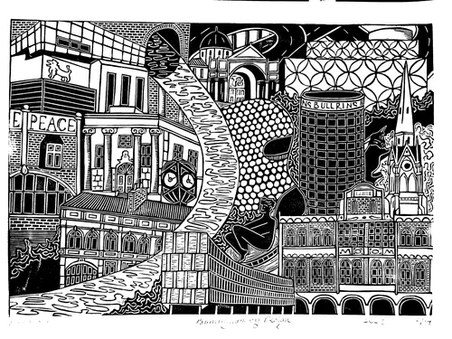 Linocut of Birmingham landmarks by Burin and Plate