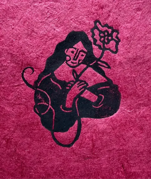 Linocut portrait of a hooded figure on pink, by Burin and Plate