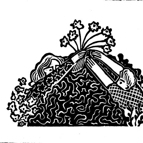 Linocut print of flowers and patterned forms by Burin and Plate