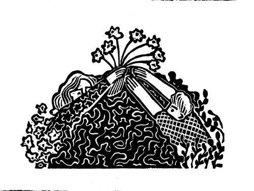 Linocut print of flowers and patterned forms by Burin and Plate