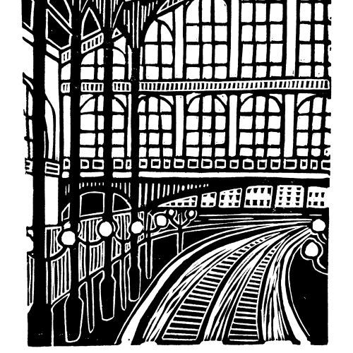 Burin and Plate linocut of Gare du Nord station and railway tracks