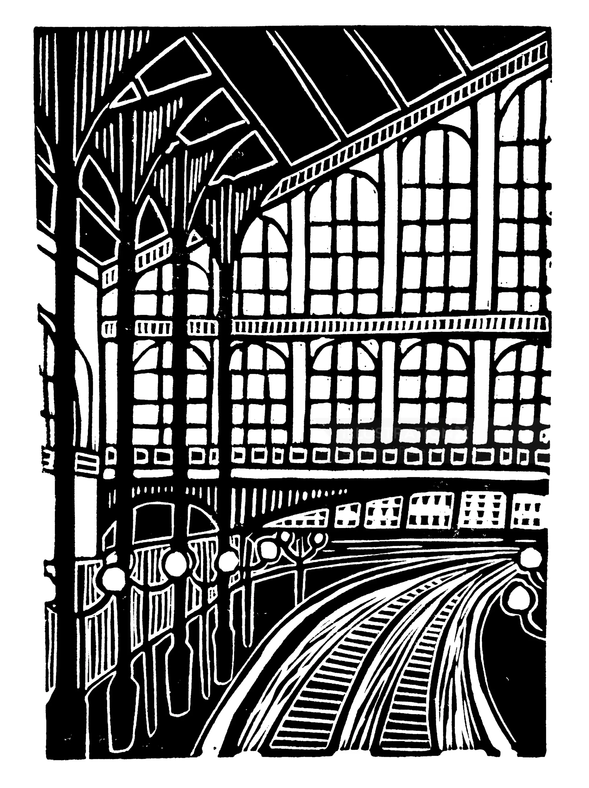 Linogravure Burin et Plate représentant la gare du Nord et les voies ferrées