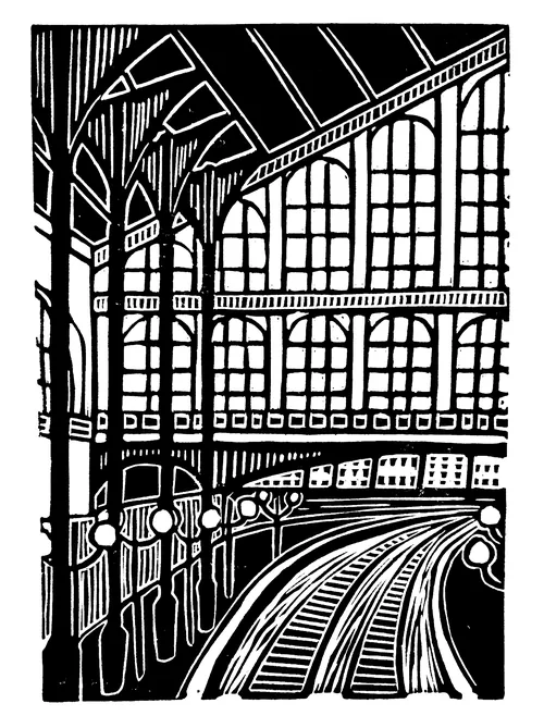Burin and Plate linocut of Gare du Nord station and railway tracks