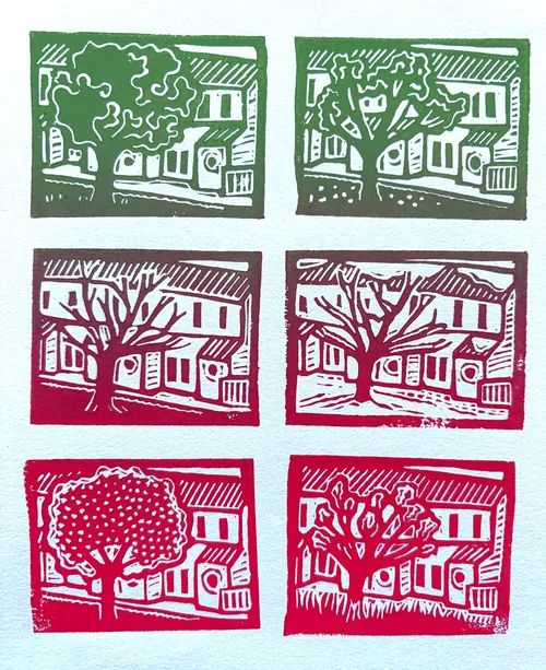 Seasonal house landscapes in linocut by Burin and Plate