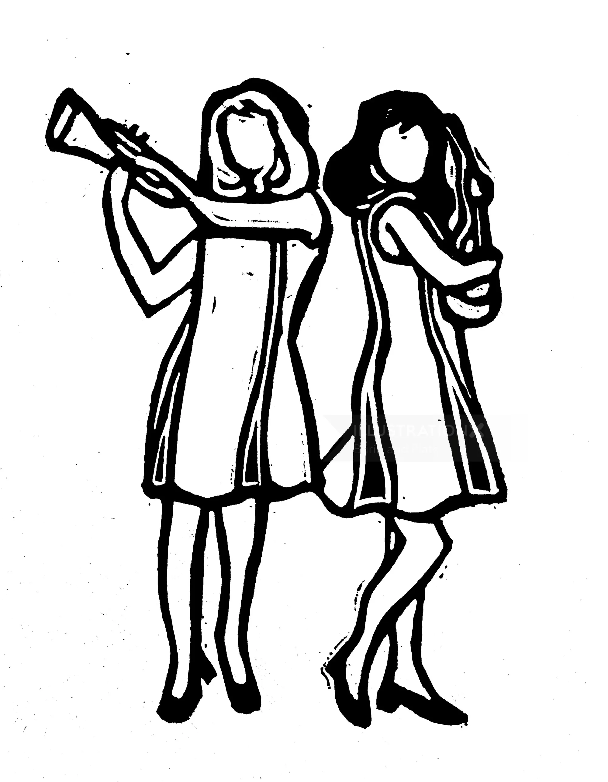 Burin and Plate linocut of two women dancing in dresses
