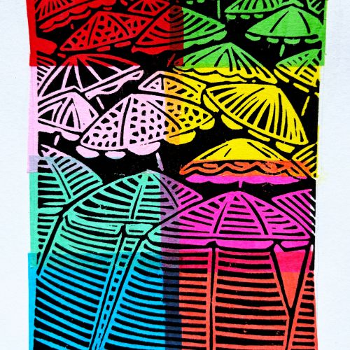 Multicolored parasol linocut print by Burin and Plate