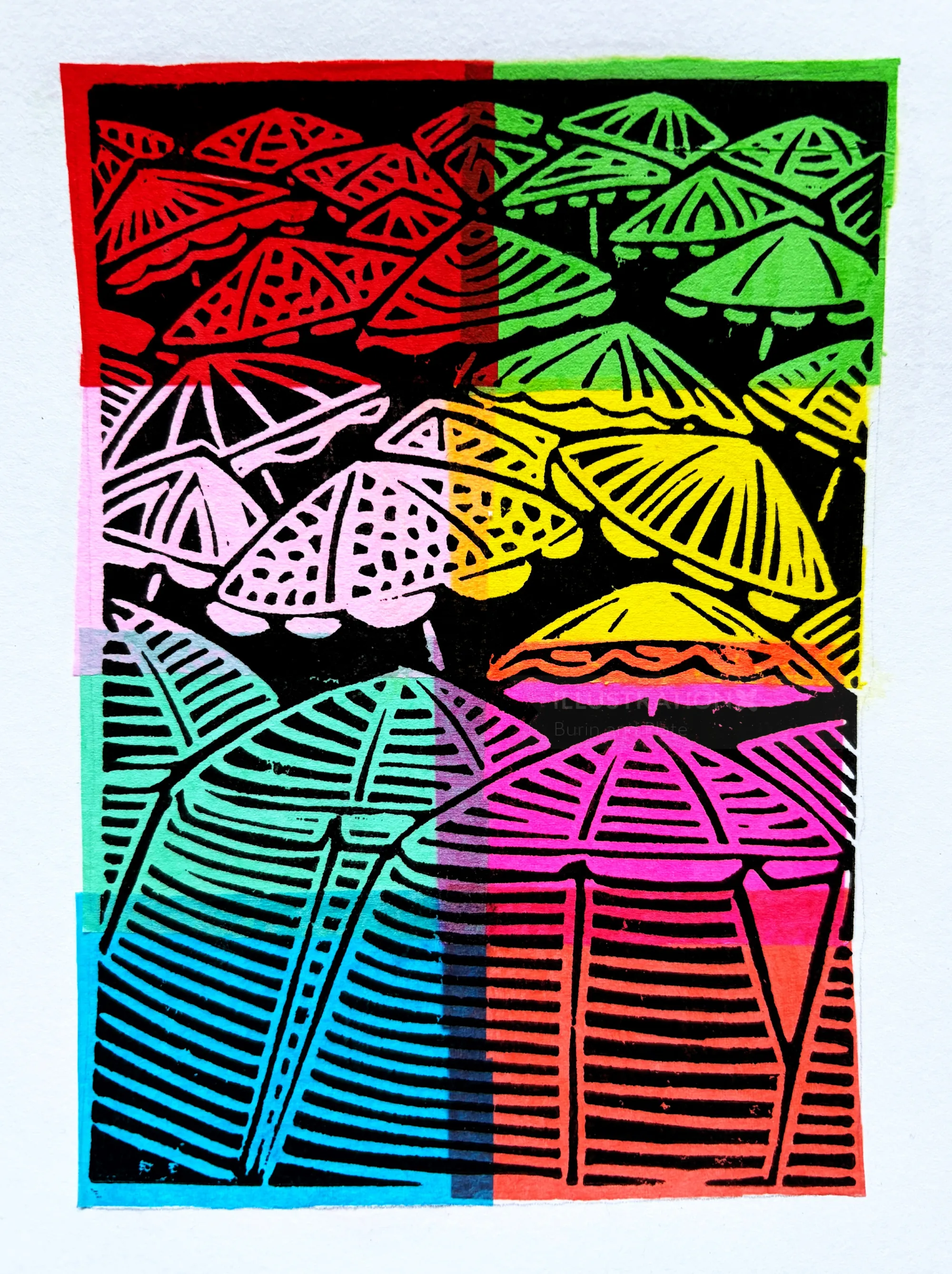 Multicolored parasol linocut print by Burin and Plate