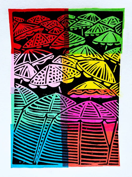 Multicolored parasol linocut print by Burin and Plate
