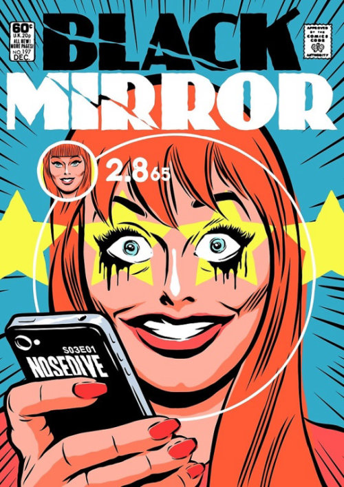 Épisode Black Mirror Nosedive comme couverture de bande dessinée vintage