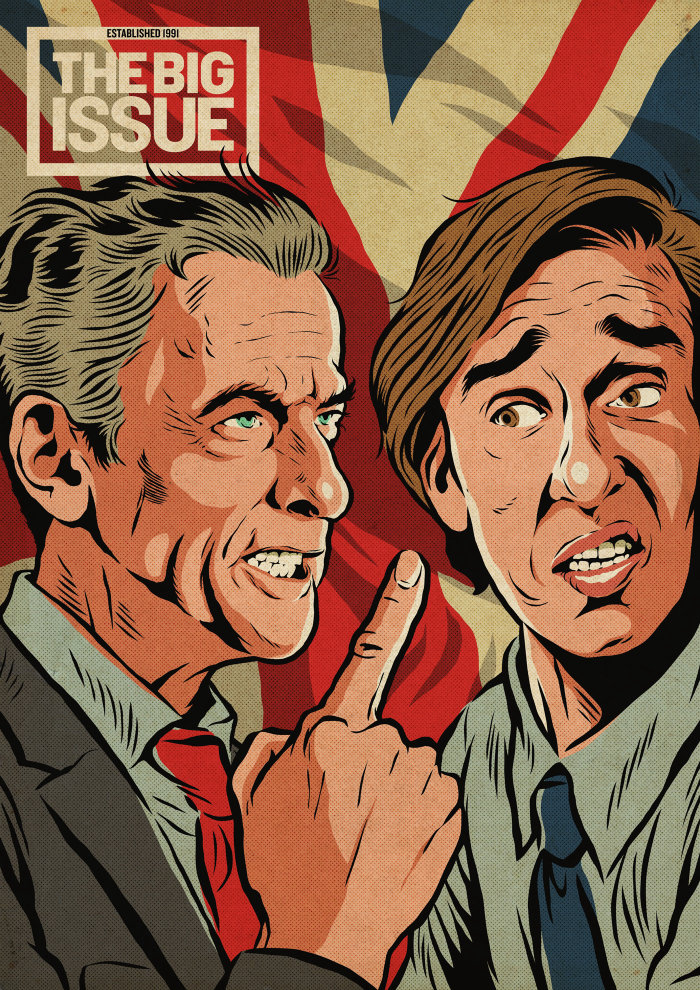 Ilustração da capa de Peter Capaldi e Steve Coogan para a revista The Big Issue