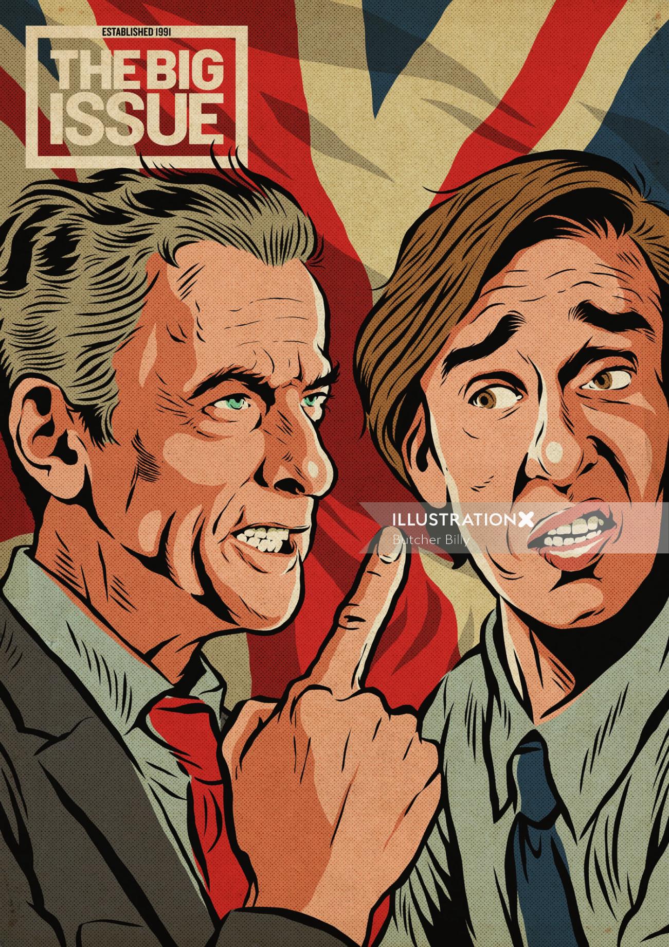 Peter Capaldi 和 Steve Coogan 为 The Big Issue 杂志绘制的封面插图